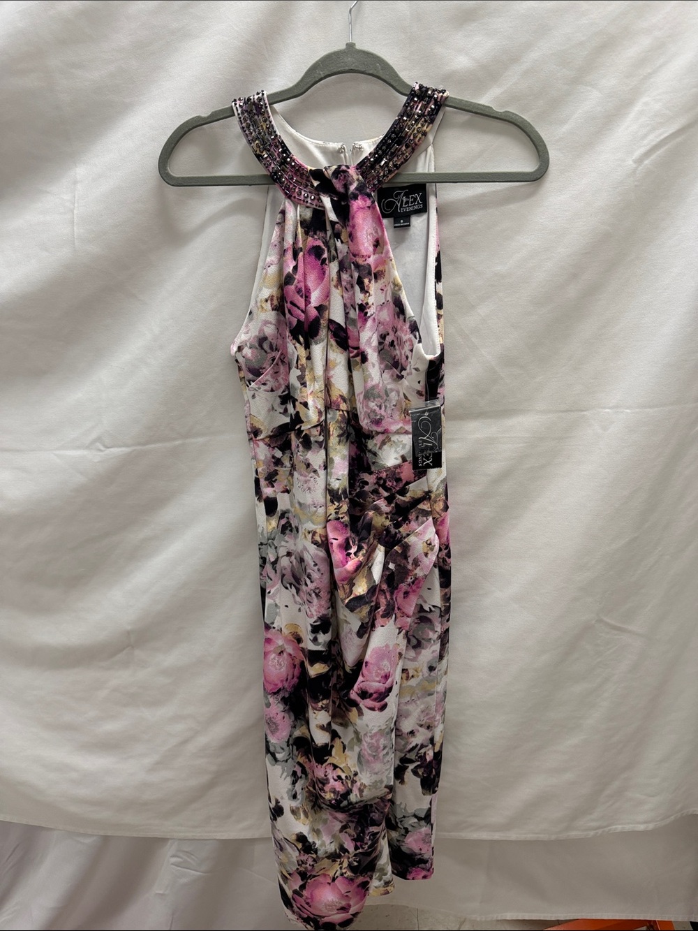 Alex Evenings Pink Floral Beaded Halter Wedding Guest Dress